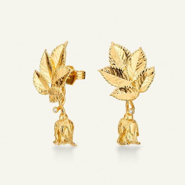 Roseblad øredobber med avtagbare roser og diamanter, forgylt