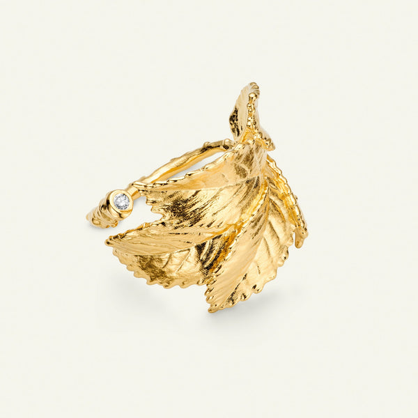 Roseblad statement ring med diamant, forgylt