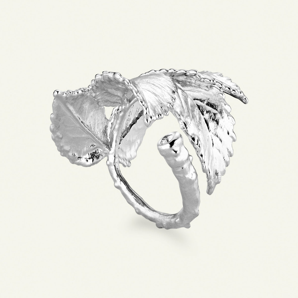 Roseblad statement ring med diamant, sølv