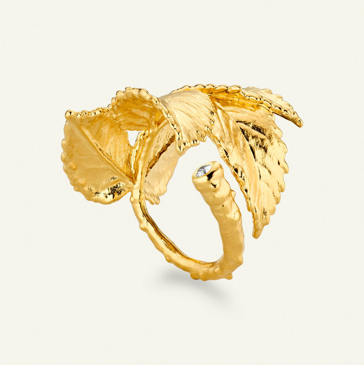 Roseblad statement ring med diamant, forgylt