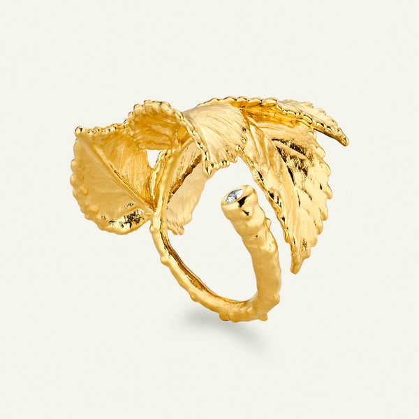 Roseblad statement ring med diamant, forgylt