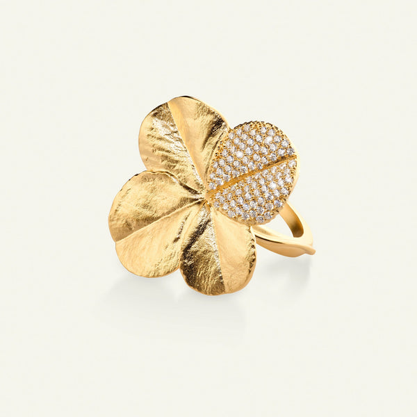 Firkløver Statement ring pavé forgylt