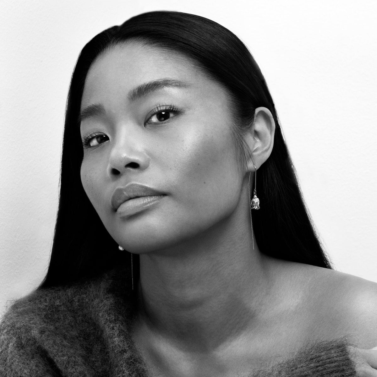 Rose øreheng med kjede, sølv
